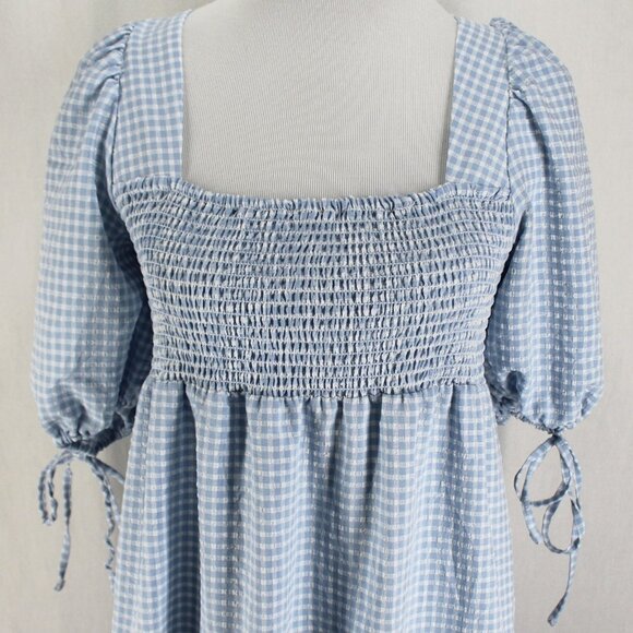 Asos Design Gingham Midi Dress Womens Size 4 Bue White Check Square Neck Smocked - Picture 2 of 7